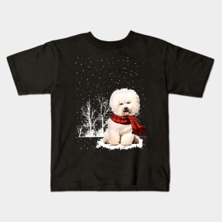 Christmas Bichon Frise With Scarf In Winter Forest Kids T-Shirt